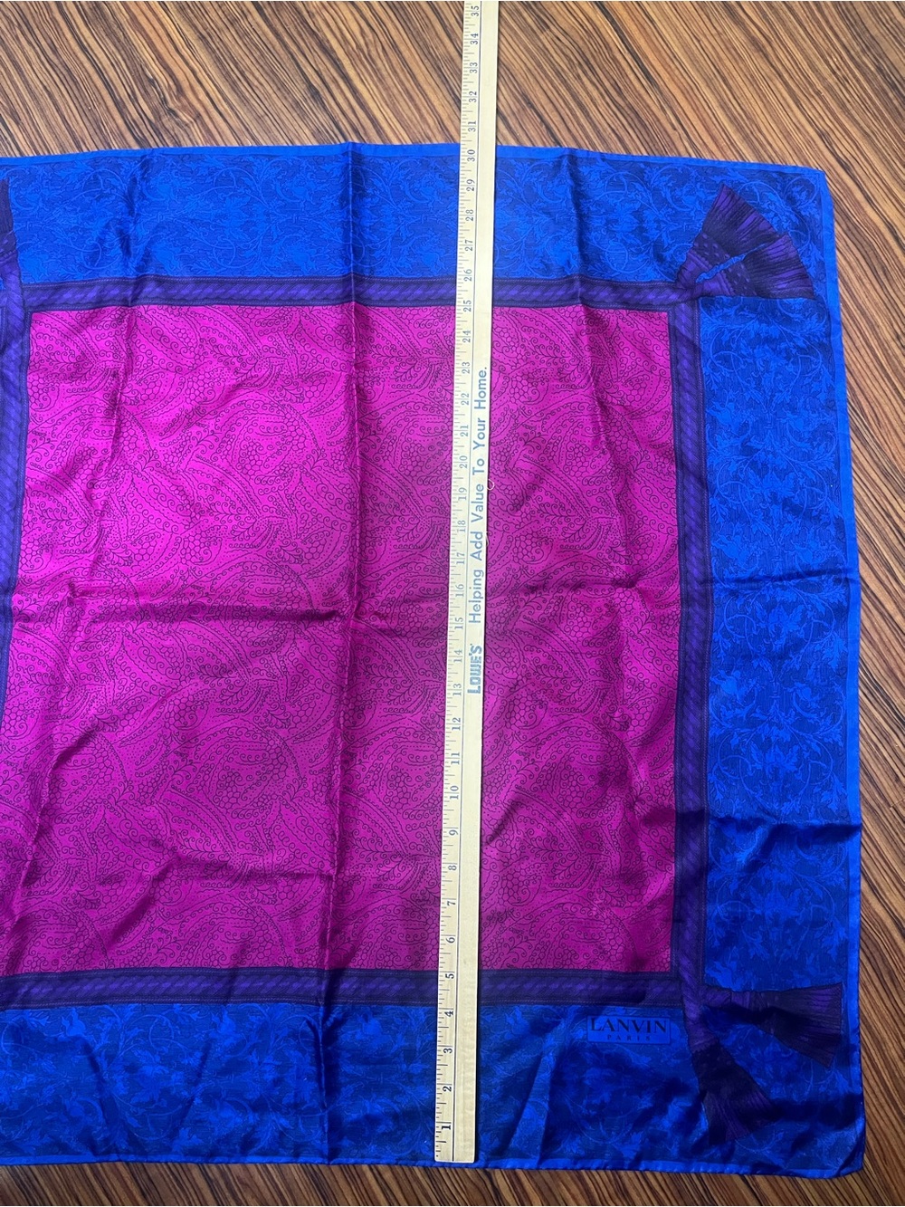 VTG Lanvin Paris 100% Silk Scarf Paisley Tassel Blue Magenta Purple 30” Italy - Picture 6 of 11